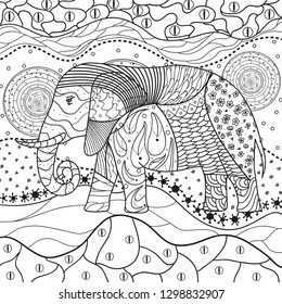 Abstract eastern pattern. Elephant on square mandala. Hand drawn animal with tribal patterns on isolation background. Design for spiritual relaxation for adults. Black and white illustration