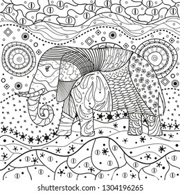 Abstract eastern pattern. Elephant on square mandala. Hand drawn animal with tribal patterns on isolation background. Design for spiritual relaxation for adults. Black and white illustration