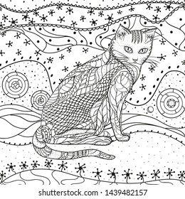 Abstract eastern pattern with ornate cat. Hand drawn abstract patterns on isolation background. Design for spiritual relaxation for adults. Black and white illustration