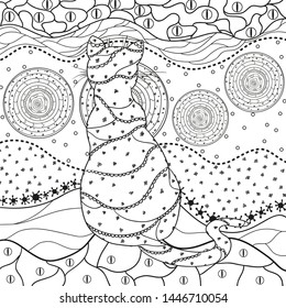 Abstract eastern pattern with ornate cat. Hand drawn abstract patterns on isolation background. Design for spiritual relaxation for adults. Black and white illustration