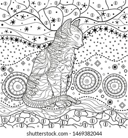 Abstract eastern pattern with ornate cat. Hand drawn abstract patterns on isolation background. Design for spiritual relaxation for adults. Black and white illustration