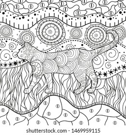 Abstract eastern pattern with ornate cat. Hand drawn abstract patterns on isolation background. Design for spiritual relaxation for adults. Black and white illustration