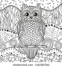 Abstract eastern pattern with owl on isolated white. Zentangle. Hand drawn abstract patterns on isolation background. Design for spiritual relaxation for adults. Black and white illustration