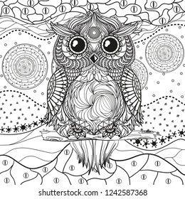 Abstract eastern pattern with owl on isolated white. Zentangle. Hand drawn abstract patterns on isolation background. Design for spiritual relaxation for adults. Black and white illustration