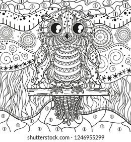 Abstract eastern pattern with owl on isolated white. Zentangle. Hand drawn abstract patterns on isolation background. Design for spiritual relaxation for adults. Black and white illustration