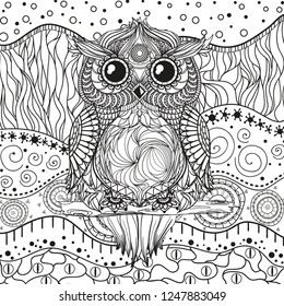 Abstract eastern pattern with owl on isolated white. Zentangle. Hand drawn abstract patterns on isolation background. Design for spiritual relaxation for adults. Black and white illustration