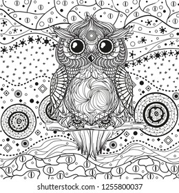 Abstract eastern pattern with owl on isolated white. Zentangle. Hand drawn abstract patterns on isolation background. Design for spiritual relaxation for adults. Black and white illustration