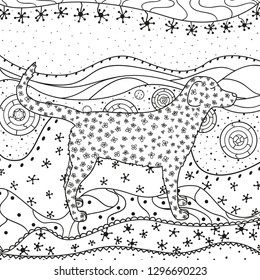 Abstract eastern pattern. Square ornate wallpaper with dog. Hand drawn waved ornaments on white. Intricate patterns on isolated background. Design for spiritual relaxation for adults. Line art