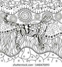 Abstract eastern pattern. Square ornate wallpaper with dog. Hand drawn waved ornaments on white. Intricate patterns on isolated background. Design for spiritual relaxation for adults. Line art