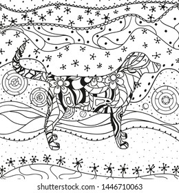 Abstract eastern pattern. Square ornate wallpaper with dog. Hand drawn waved ornaments on white. Intricate patterns on isolated background. Design for spiritual relaxation for adults. Line art