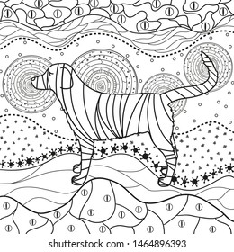 Abstract eastern pattern. Square ornate wallpaper with dog. Hand drawn waved ornaments on white. Intricate patterns on isolated background. Design for spiritual relaxation for adults. Line art
