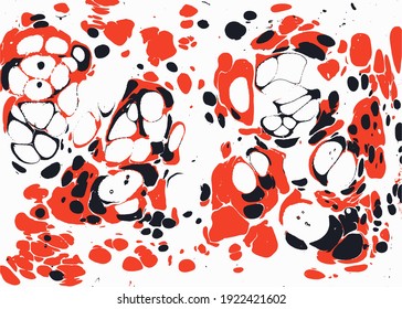 Abstract ebru textures. Black, red stains on white background. Hand drawn marble illustration. Liquid marble, fluid art. Painting on water. Vector illustration