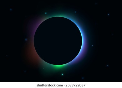 Abstract eclipse planet background. Multicolored glowing corona in the dark starry sky.