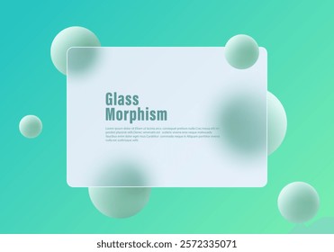 Abstract eco background in glass morphism style. Frosted glass screen with blurred floating green spheres.