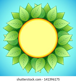 Abstract eco background with stylish sunflower. Decorative frame with green leaves, place for text, vector illustration
