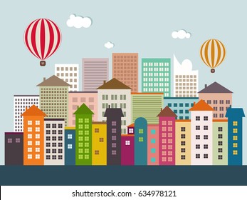 Abstract Eco City With Colorful Buildings, Hot Air Balloons, Skylines, Hot Air Balloons, Blue Sky And White Clouds