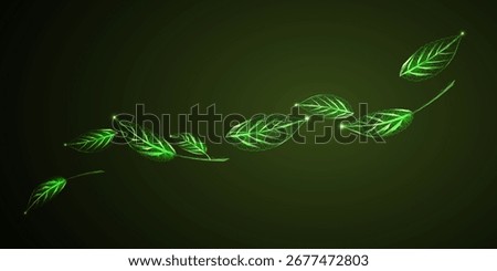 Abstract eco concept banner with glowing green leaves flying or floating in space, symbolizing nature, sustainability, clean environment, and digital ecology. Futuristic polygonal vector illustration.