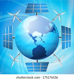 Abstract Eco concept with globe solar panel and windmills. 