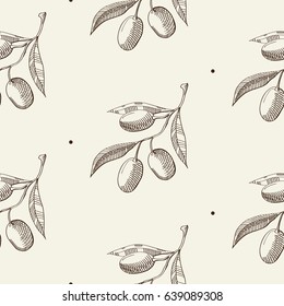 Abstract eco hand drawn seamless pattern with repeating branches with olives on gray background vector illustration