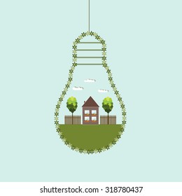 Abstract Eco Light Bulbs, Made Of Flowers With Wooden House And Trees. Energy Saving