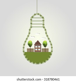 Abstract Eco Light Bulbs, Made Of Flowers With Wooden House And Trees. Think Green Concept