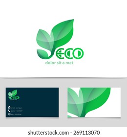 Abstract eco logo design. Green ecological logotype with business card template. Vector creative icon.
