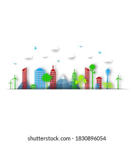 Abstract Eco Paper Cut Energy Creative Environment Conservation Resource City Town Design Vector Style Shadow