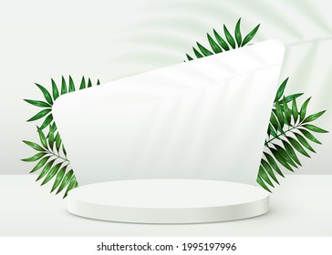 Abstract eco scene background. Cylinder podium with leaves on white background. Product presentation, mock up, show natural cosmetic product. Podium, stage pedestal or platform. Vector illustration
