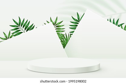 Abstract eco scene background. Cylinder podium with leaves on white background. Product presentation, mock up, show natural cosmetic product. Podium, stage pedestal or platform. Vector illustration