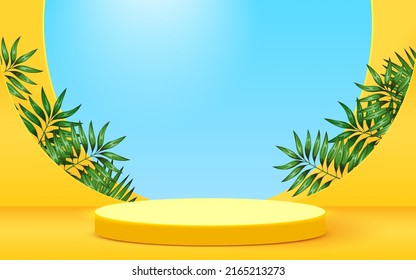 Abstract eco scene background. Cylinder podium with leaves on white background. Product presentation, mock up, show natural cosmetic product. Podium, stage pedestal or platform. Vector illustration