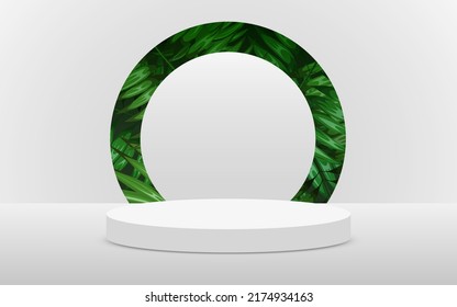 Abstract eco scene background. Cylinder podium with leaves on white background. Product presentation, mock up, show natural cosmetic product. Podium, stage pedestal or platform. Vector illustration