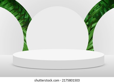 Abstract eco scene background. Cylinder podium with leaves on white background. Product presentation, mock up, show natural cosmetic product. Podium, stage pedestal or platform. Vector illustration