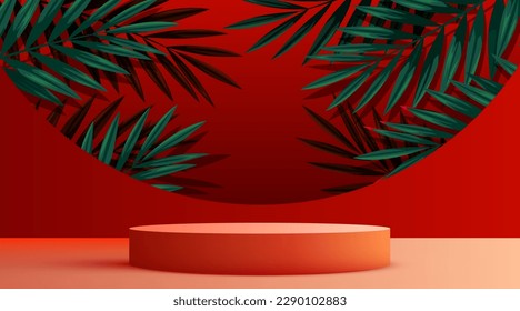 Abstract eco scene background. Cylinder podium with leaves. Product presentation, mock up, show natural cosmetic product. Podium, stage pedestal or platform. Vector illustration