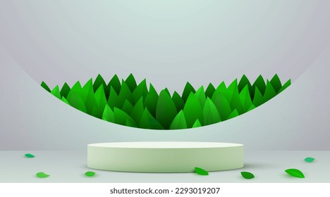 Abstrakter Hintergrund der Ökoszene. Flaschendieb mit Blättern. Produktpräsentation, Muster, zeigen natürliche Kosmetikprodukte. Podium, Bühne oder Plattform. Vektorgrafik