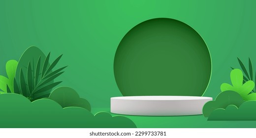 Abstract eco scene background. Cylinder podium with leaves. Product presentation, mock up, show natural cosmetic product. Podium, stage pedestal or platform. Vector illustration