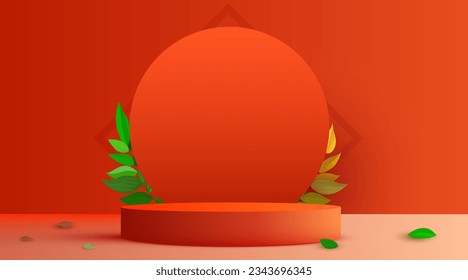 Abstract eco scene background. Cylinder podium with leaves. Product presentation, mock up, show natural cosmetic product. Podium, stage pedestal or platform. Vector illustration