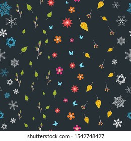 Abstract eco seamless pattern of four seasons in the black background. Vector illustration of winter, spring, summer, autumn pattern with snowflakes, leaves, flowers and elements.