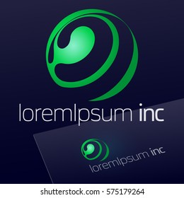 Abstract eco sign in sphere shape on dark background. Green logotype for Ecology, Pharmacy, Medicine activity