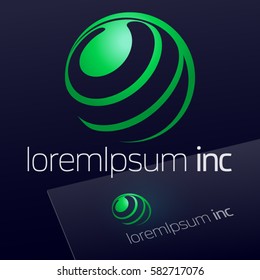 Abstract eco sign in sphere shape on dark background. Green logotype for Ecology, Pharmacy, Medicine activity
