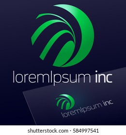 Abstract eco sign in sphere shape on dark background. Green logotype for Ecology, Pharmacy, Medicine activity