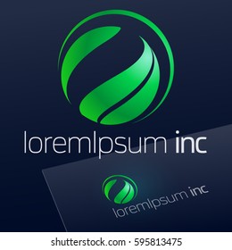 Abstract eco sign in sphere shape on dark background. Green logotype for Ecology, Pharmacy, Medicine activity