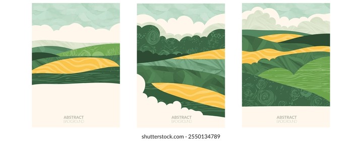 Design ecológico abstrato com padrão orgânico verde com vinhedo, campo de terraço de arroz, floresta. Ilustração de vetor plano, ondas e curvas. Folheto de agricultura de verão, cartaz, cartão, colagem