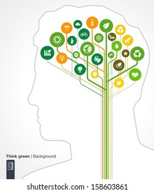 Abstract ecology background. Brain concept with with silhouette of a human head and icons (eco, earth, green, recycling, nature, bicycle, sun, car and home icon.) Vector infographic illustration.