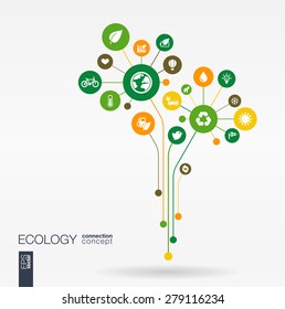 Abstract ecology background with connected circles, integrated flat icons. Growth flower concept with eco, earth, green, recycling, nature, sun, car and home icon. Vector interactive illustration.