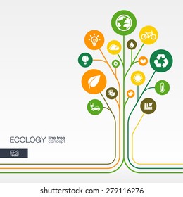 Abstract ecology background with connected circles, integrated flat icons. Growth flower concept with eco, earth, green, recycling, nature, sun, car and home icon. Vector interactive illustration.