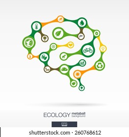 Abstract ecology background with connected metaball and integrated circles. Brain concept with eco, earth, green, recycling, nature, bicycle, sun, car and home icon. Vector interactive illustration.