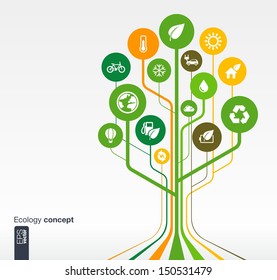 Abstract ecology background with lines, circles and icons. Growth tree concept with eco, earth, green, recycling, nature, bicycle, sun, car and home icon. Vector illustration.