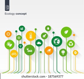 Abstract ecology background with lines, circles and flat icons. Growth concept contains eco, earth, green, recycling, nature, bicycle, sun, car and home icon. Vector illustration.