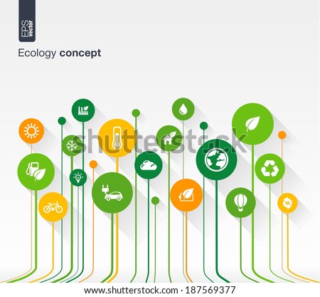 Abstract ecology background with lines, circles and flat icons. Growth concept contains eco, earth, green, recycling, nature, bicycle, sun, car and home icon. Vector illustration.