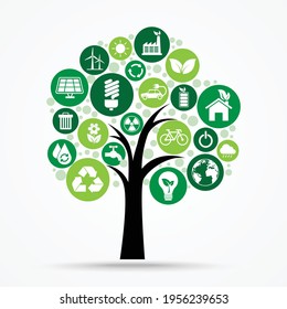 Abstract ecology and green tree icons in circles background. earth nature recycle symbol in group. save energy and environment concept. vector illustration in flat style modern design.